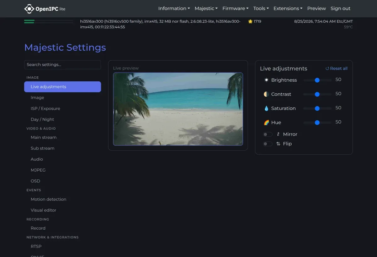 Camera - Settings page of the OpenIPC web interface