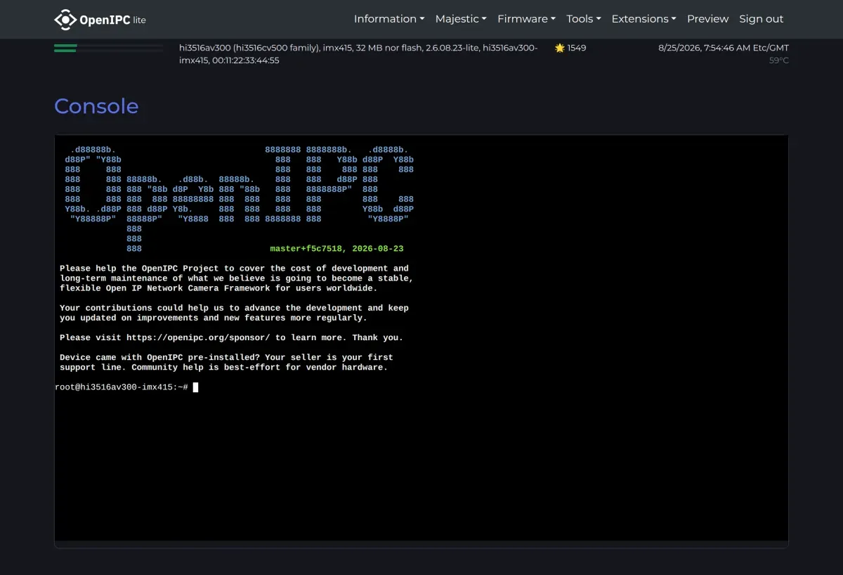 System - Console page of the OpenIPC web interface