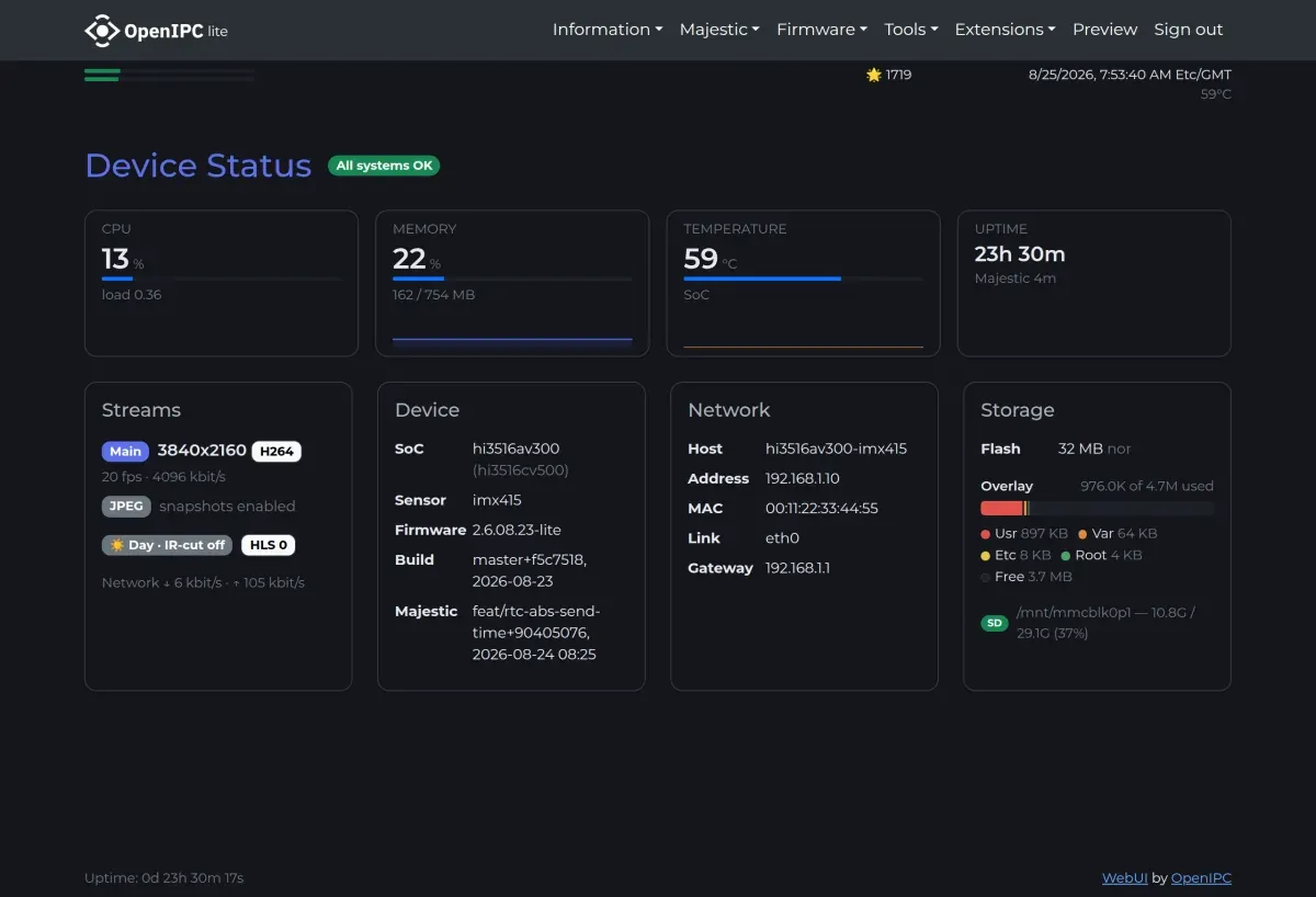 Dashboard page of the OpenIPC web interface