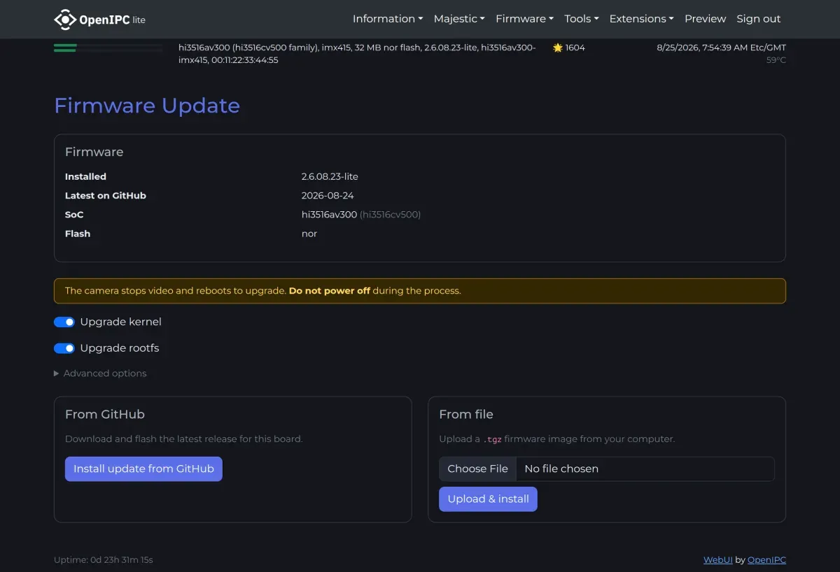 System - Update page of the OpenIPC web interface