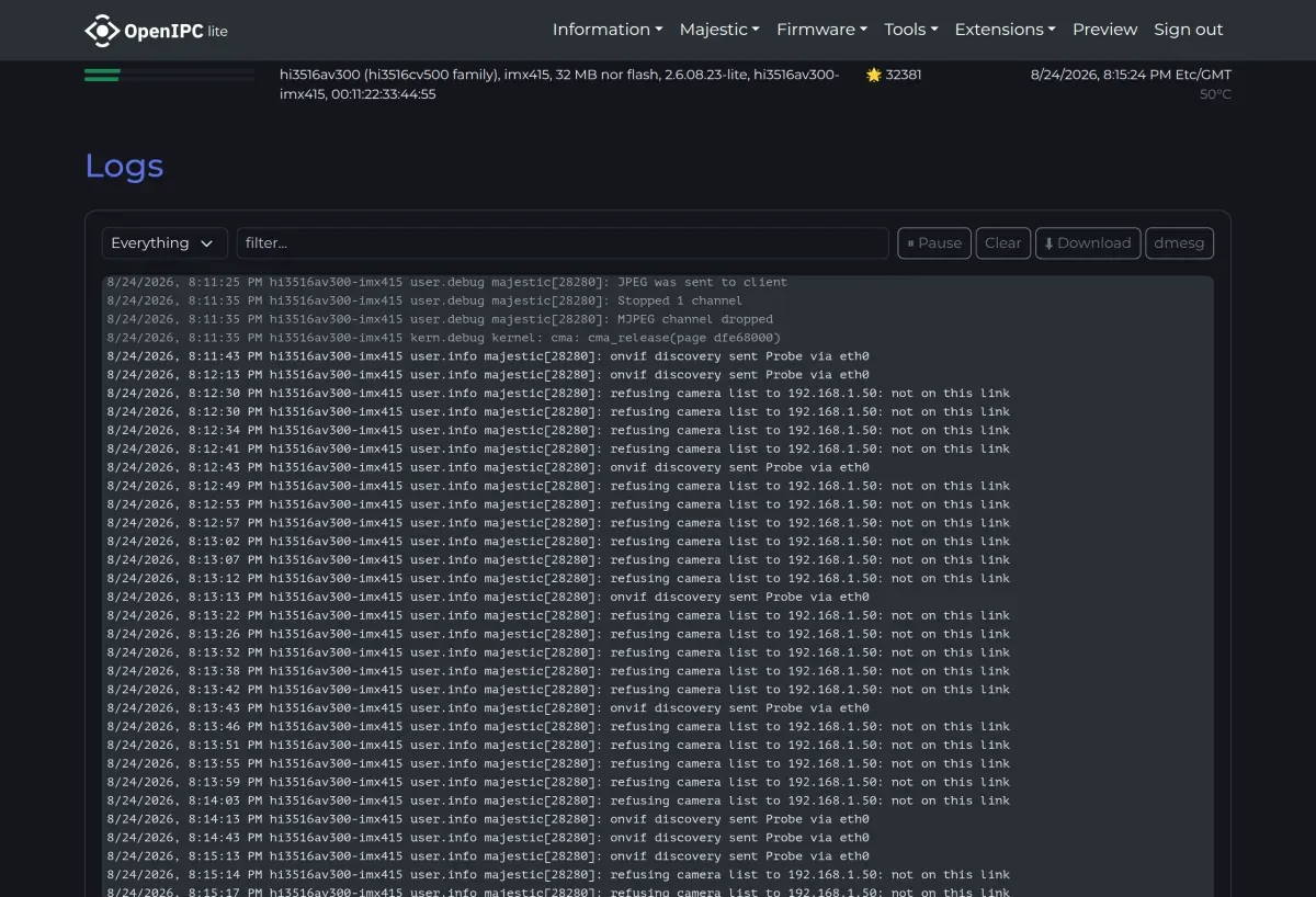 System - Logs page of the OpenIPC web interface