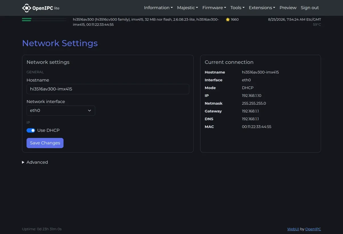 System - Network page of the OpenIPC web interface