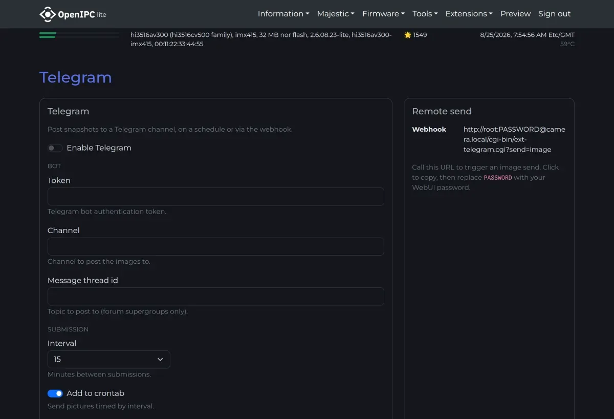 Services - Telegram page of the OpenIPC web interface
