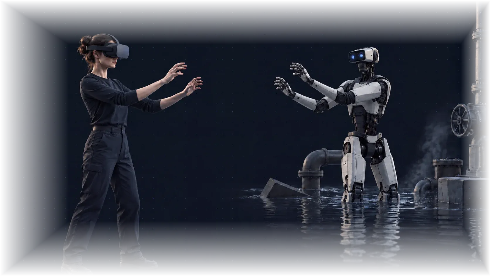 Оператор в VR-шлеме, чьи движения повторяет человекоподобный робот в затопленном промышленном цехе